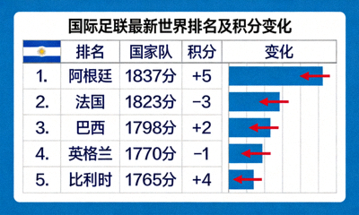 国际足联公布最新世界排名各国国家队积分变化